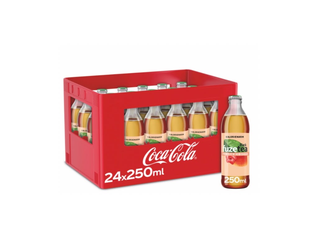 FUZETEA Schwarzer Tee Pfirsich-Hibiskus – 24 × 0,25 l Glas-Mehrweg